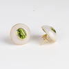 Lollipop Button Earrings Cushion Peridot in Chalcedony are modern and one of a kind earrings with stone inlay. Handcut Chalcedony with cushion cut Peridot on post with omega clip closure. Handcrafted in Los Angeles.