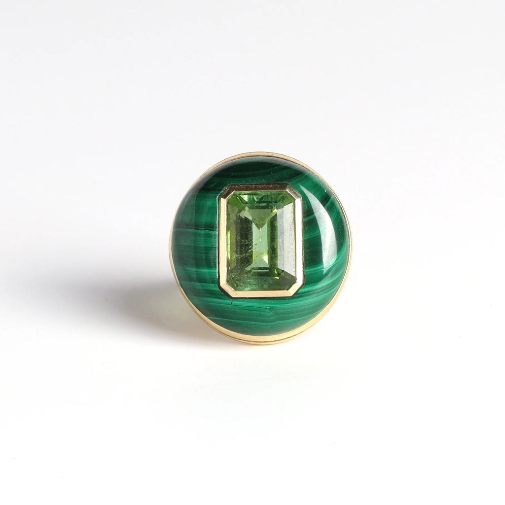 Front view of The Large Lollipop Ring in malachite and Green tourmaline by Retrouvai. 