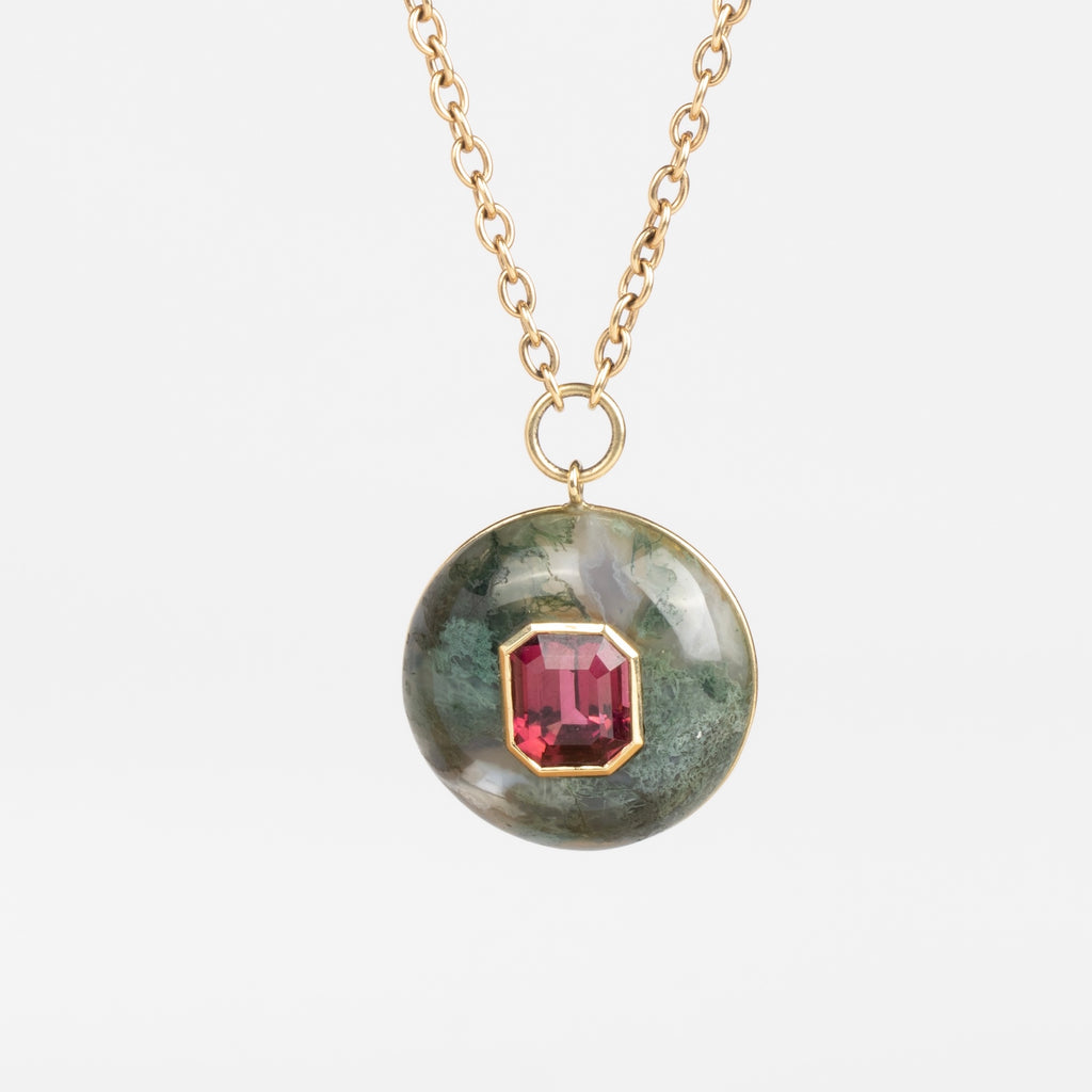 Moss Agate with Red Tourmaline Lollipop Necklace by Retrouvai is a modern and one of a kind necklace with stone inlay. Hand cut Moss Agate with emerald cut Red Tourmaline 4.43ct in line on 14k yellow gold chain. Handcrafted in Los Angeles.