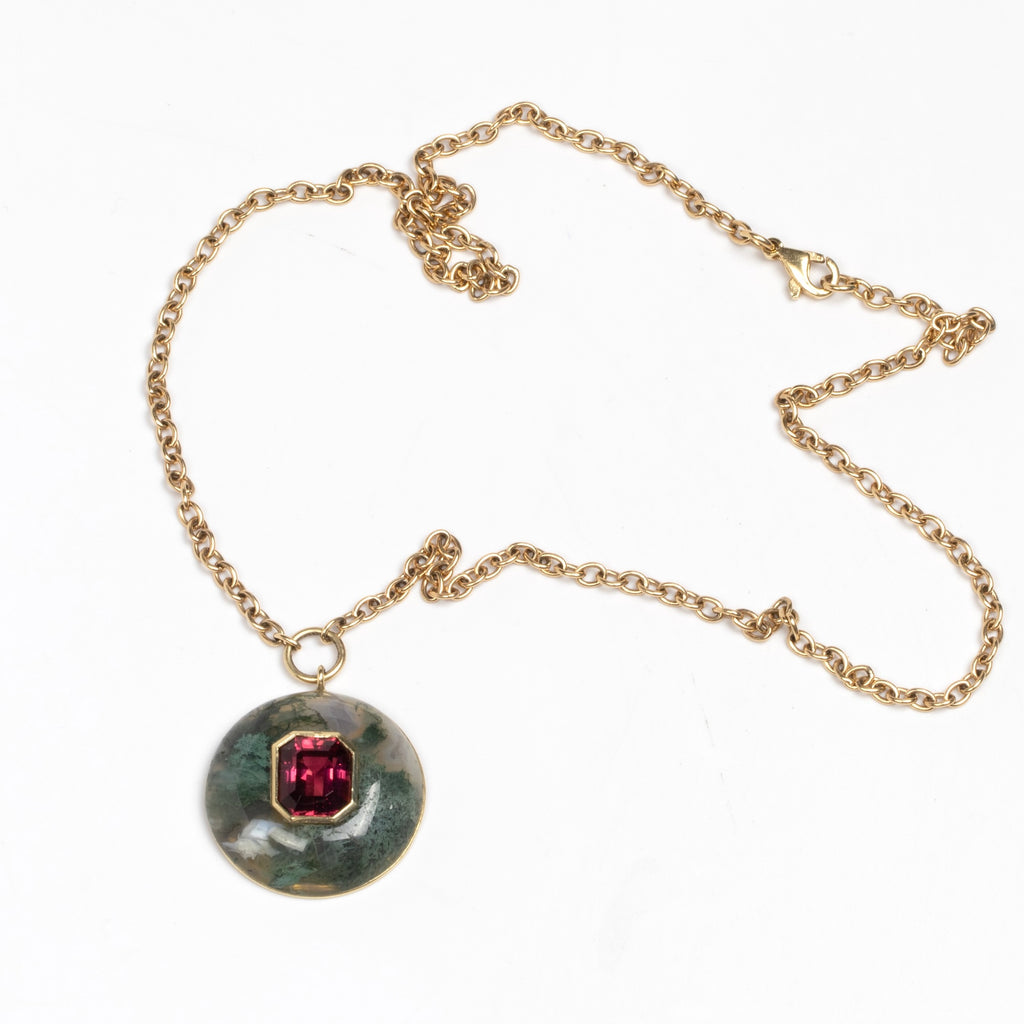 Full image including chain on one of a kind Moss Agate with Red Tourmaline Lollipop Necklace by Retrouvai is a modern and one of a kind necklace with stone inlay. 