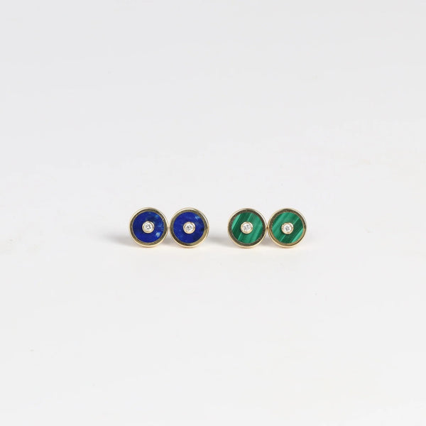 Two pairs of Retrouvai Stud (studs) Earrings with stone inlay and accent diamond in 14k yellow gold in Malachite and Lalpis Lazuli.