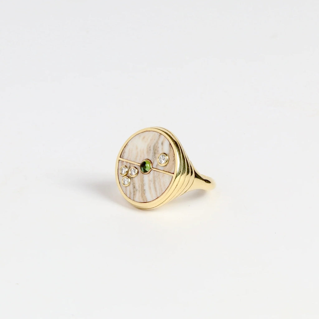 Retrouvai Champagne Agate Compass Signet ring with Diamonds and green tourmaline in 14k yellow gold inlay.