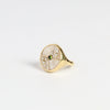 Retrouvai Champagne Agate Compass Signet ring with Diamonds and green tourmaline in 14k yellow gold inlay.