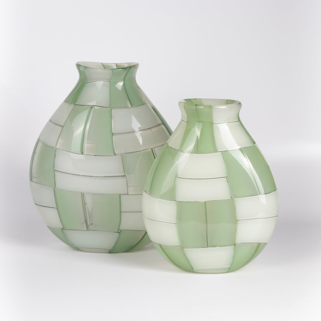Two  green and white basketweave vases by Robin Mix in 7" and 9"  Pezzati Vases made and mouth blown in Tunbridge, Vermont.