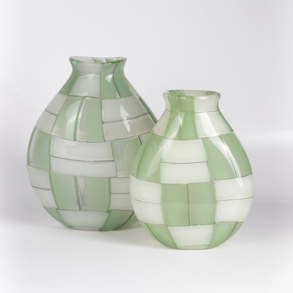 Two  green and white basketweave vases by Robin Mix in 7" and 9"  Pezzati Vases made and mouth blown in Tunbridge, Vermont.