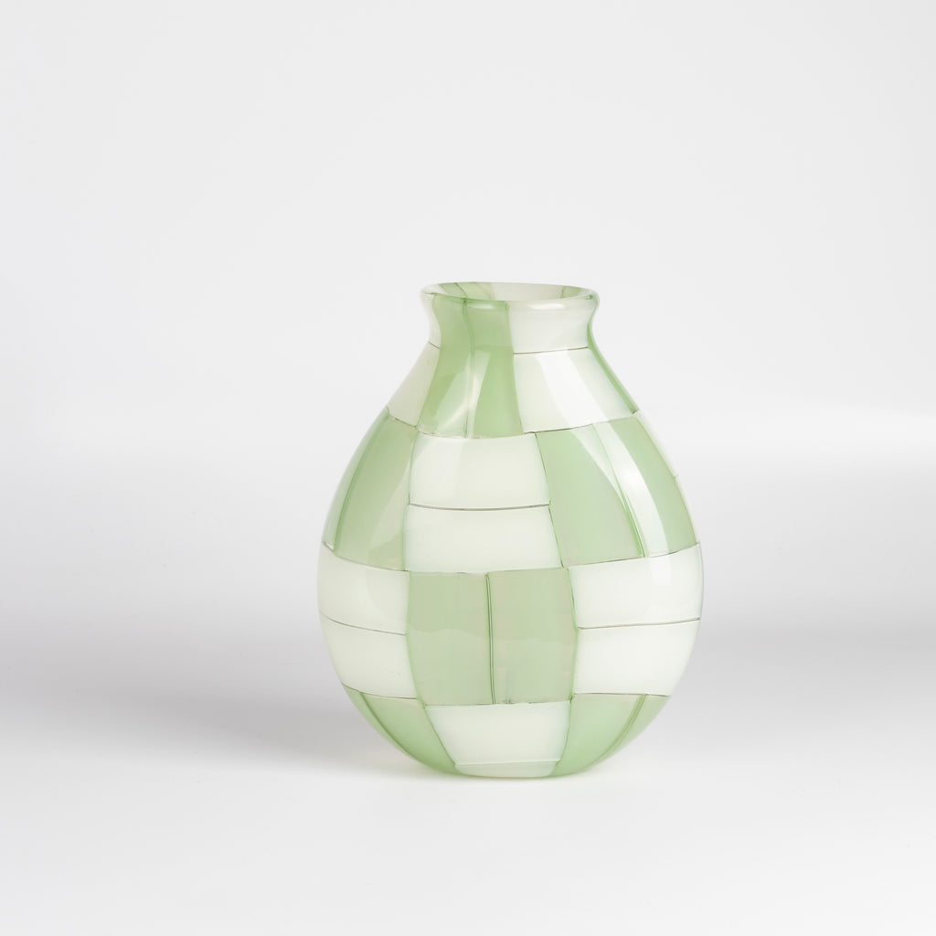Robin Mix Small Green Basketweave Pezzati Vase made and mouth blown in Tunbridge, Vermont.