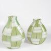 Two  green and white basketweave vases by Robin Mix in 7" and 9.25"  made and mouth blown in Tunbridge, Vermont.