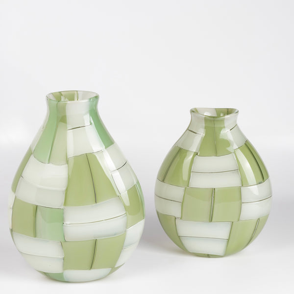 Two  green and white basketweave vases by Robin Mix in 7" and 9.25"  made and mouth blown in Tunbridge, Vermont.