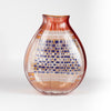 Back of Robin Mix Vintage Vase 11" in deep red with clear glass and blue is a flat cane vase with pezzati.