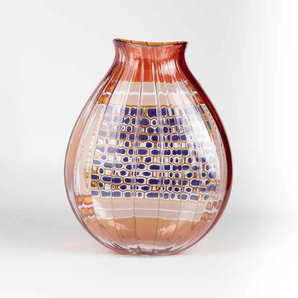 Back of Robin Mix Vintage Vase 11" in deep red with clear glass and blue is a flat cane vase with pezzati.