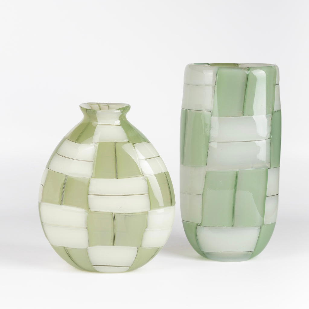 Robin Mix Basketweave small vase and Oval cylinder Vase in green and white.