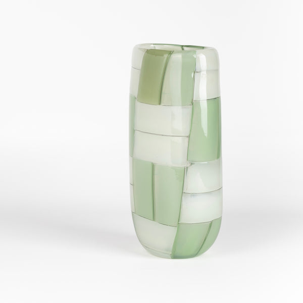 Side view of Robin Mix Basketweave Oval Vase in green and white.