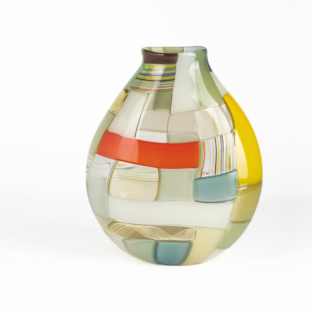 Robin Mix patchwork color block  multicolor "crazy quilt" vase 8" by Robin Mix. His sensibilities come from his training in Scandinavia, but is produced using the most sophisticated and iconic of traditional modernist Italian techniques.