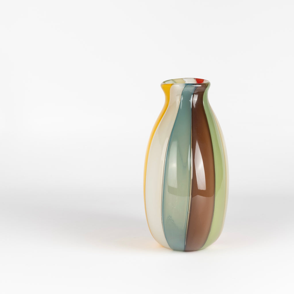 Side view of flatcane multicolor glass vase by Robin Mix.