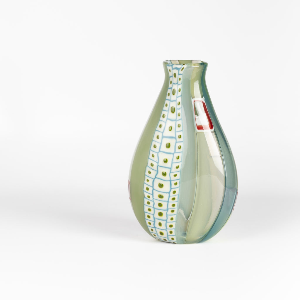 Other side of elongated Murrini and cane with windows glass vase by Robin Mix in blues and aqua.