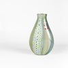 Other side of elongated Murrini and cane with windows glass vase by Robin Mix in blues and aqua.