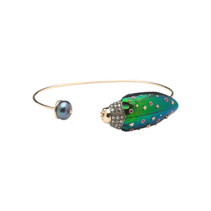 
            
                Load image into Gallery viewer, Alternate view of Scarab Pearl bangle by Bibi Van Der Velden is a bracelet bangle in 18k rose gold and sterling with  brown diamonds, a  scarab wing in amethyst  with pink sapphire, tsavorite and a Tahitian pearl.
            
        