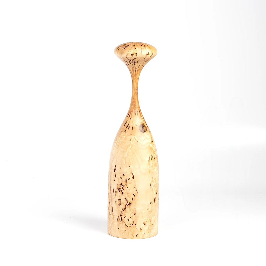 Serratus Pepper Mill by Tantalus Design in Curly Birch wood is made for pepper although safe to use with rock salt on white background.