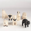 T-lab wooden animals are handmade in Bali from albizia wood, a lightweight fast-growing wood from the South Pacific. A dog, black cat, speckled sheep, a capybara, rabbit, howling wolf and hippo and cow.