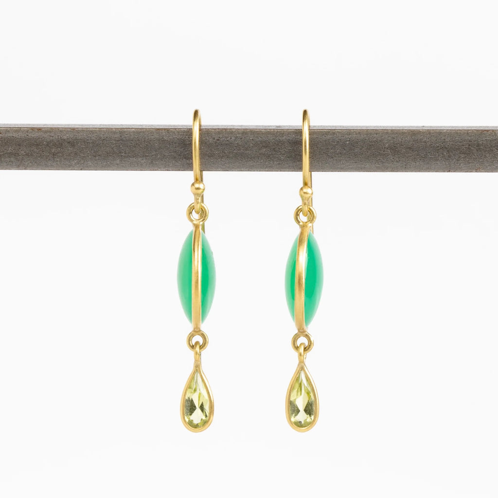 Moon and Drop Earrings by Tej Kothari are a double stone earring comprised of a smooth cabachon in chrysoprse and a teardrop in peridot. Both stones are set in 18k yellow gold with gold ear wire.