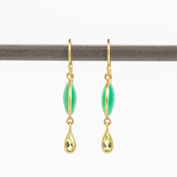Moon and Drop Earrings by Tej Kothari are a double stone earring comprised of a smooth cabachon in chrysoprse and a teardrop in peridot. Both stones are set in 18k yellow gold with gold ear wire.