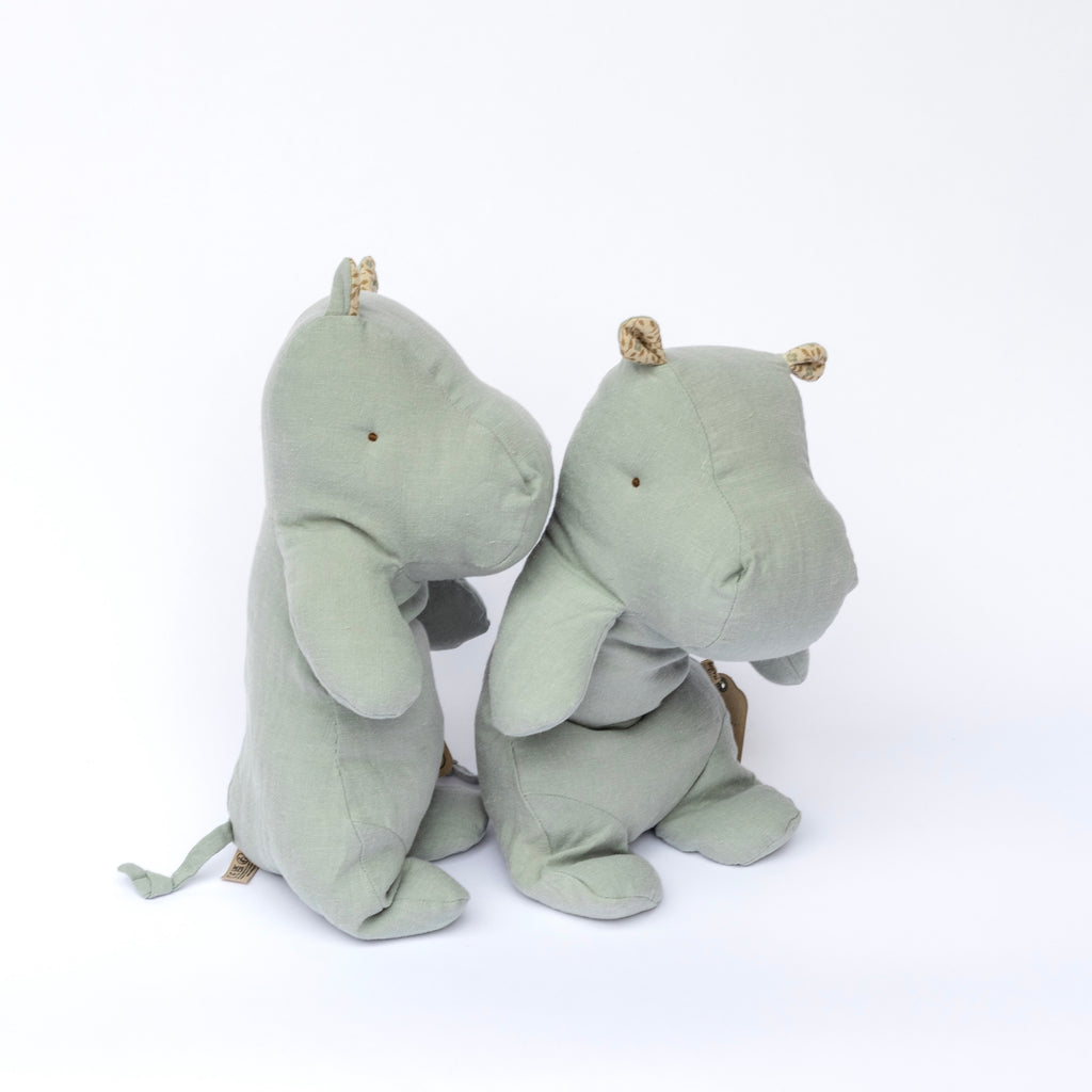Two grey gray blue plush hippos in linen by Maileg.