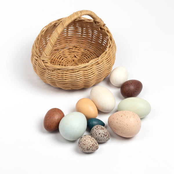 Birds eggs in a basket toy showing all the 12 eggs.