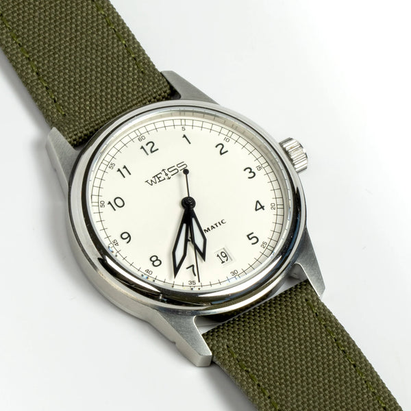 Weiss Watch - 38MM Automatic Issue Field Watch White Dial and Date on white background and available at OK in Los Angeles.