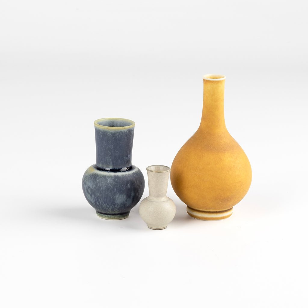 Miniature Hand Thrown Ceramic trio of vases by Yuta Segawa. One Blue gray / grey. ome beige and one bright mustart to sunshine yellow.
