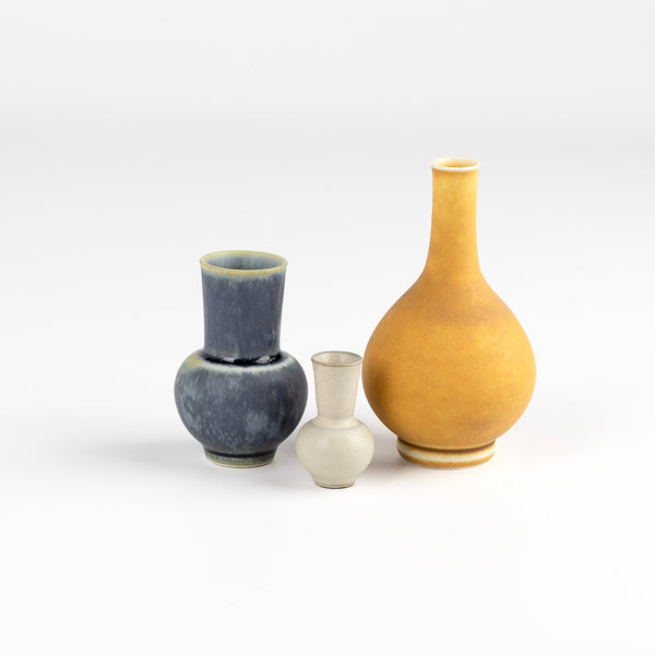 Miniature Hand Thrown Ceramic trio of vases by Yuta Segawa. One Blue gray / grey. ome beige and one bright mustart to sunshine yellow.