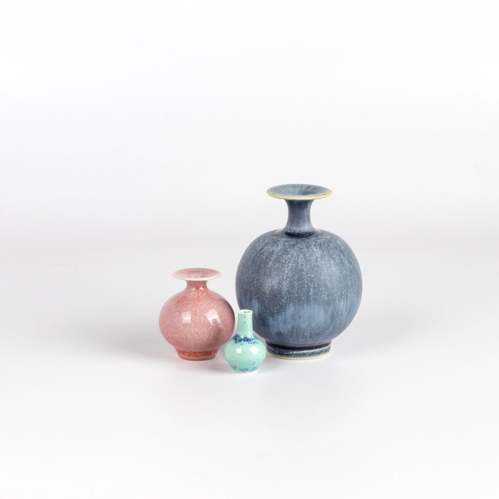 Miniature Hand Thrown Ceramic Vase Trio by Yuta Segawa in Denim, Aqua and plum. 