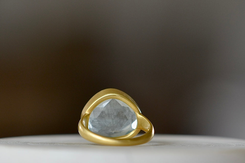 View from back of aquamarine greek ring.