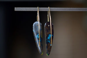 
            
                Load image into Gallery viewer, Feather earrings in Peruvian Dark Opal by Rachel Atherley from the back.
            
        