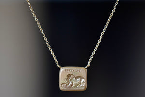 Lion and the Mouse duo motto necklace by Makiko Wakita in close up.