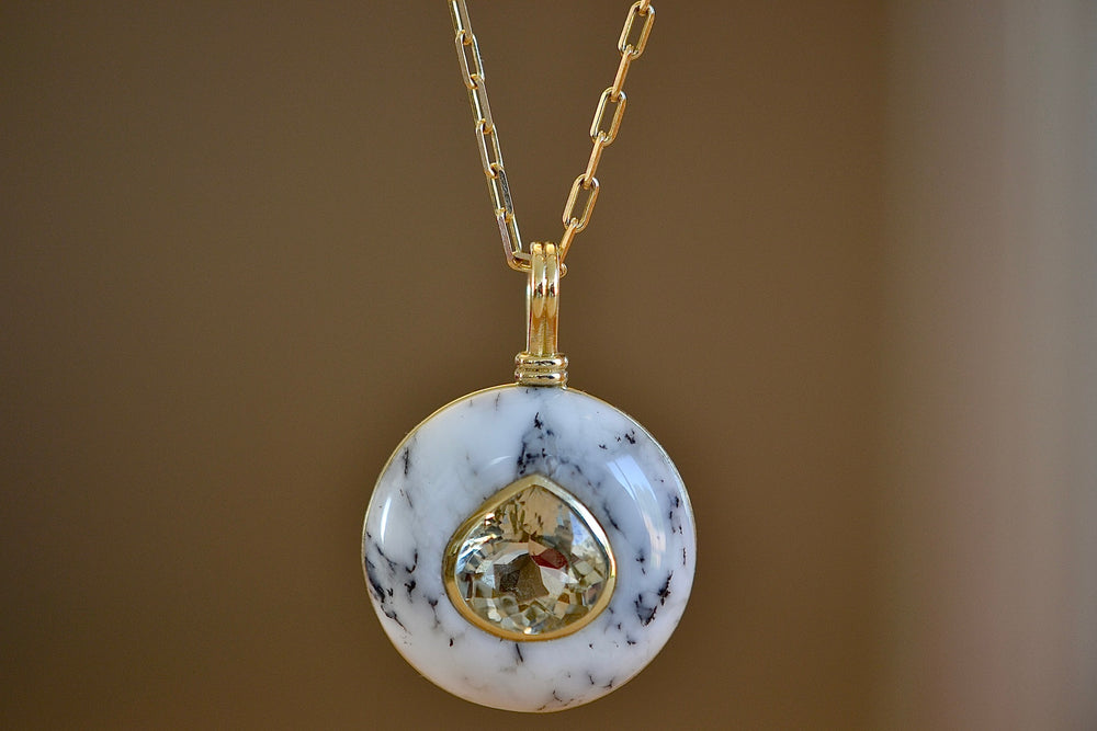 Close up of The large lollipop necklace in opalized dendrite by Retrouvai.