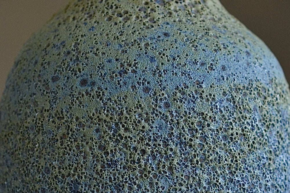 Close up detil of Heather Rosenman Medium Blue with Yellow Volcanic Vase.