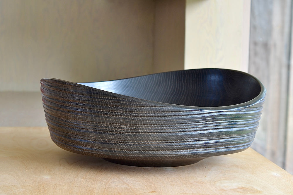 Circle Factory turned wood bowl in Black Oak 18x7" with ridged grooves detailing by George Peterson. Made from reclaimed wood in North Carolina. 
