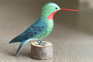 Decorative Wood bird from Brazil - Speckled Green with red neck Hummingbird.