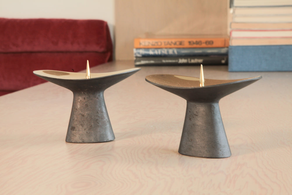 Pair of Taper Candle Holders with Patinated Brass Base and Polished Top by  Carl Auböck