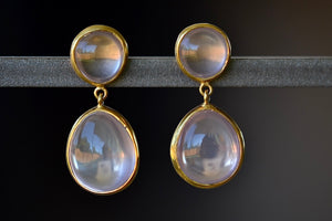 
            
                Load image into Gallery viewer, Double Drop Rose Quartz Stud Earrings by Pippa Small are two drop (drops)  stud earrings made out of two round, translucent, smooth and bezel set rose quartz drops connected with gold hooks and butterfly closure in 18k yellow gold.
            
        