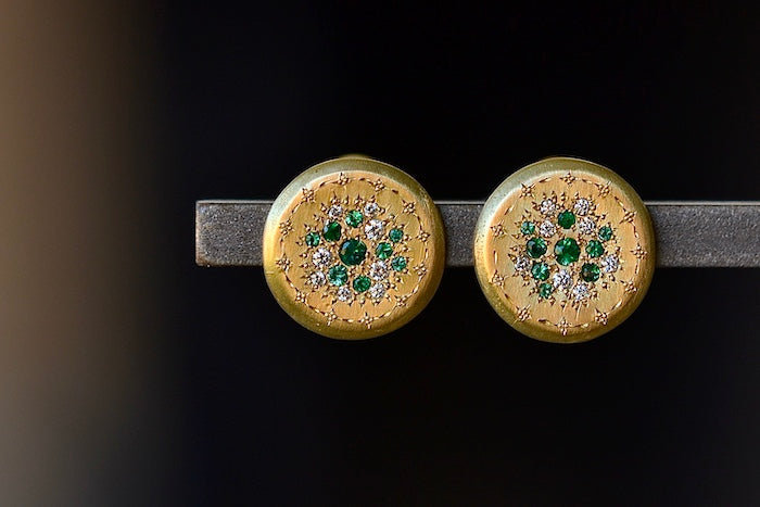 Tidal Pool Drop Earrings by Adel Chefridi are These drop studs in 18k yellow gold are beautifully engraved and accented with Adel's "tidal pool" pattern in diamonds and emeralds with a clasp lever backing for extra safety. Handcrafted in New York.