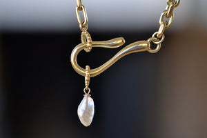 Meredith Kahn Heart and freshwater pearl Charm with loop ring in brass on a hook and loop cable chain necklace in either brass or solid 14k yellow gold.