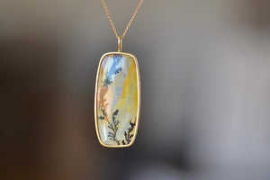 
            
                Load image into Gallery viewer, OK Rectangular Dendritic Agate Pendant 18k yellow gold bezel set. Chain not included.
            
        