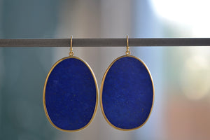 Tej Kothari Large Lapis Lazuli Slice Earrings 18k yellow gold bezel setting with ear wire and natural inclusions. One of a kind. XL