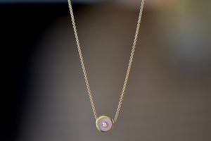 Mini Compass Pendant Necklace in Pink Opal by Retrouvai with round white diamond accent on 16" 14k yellow gold chain.