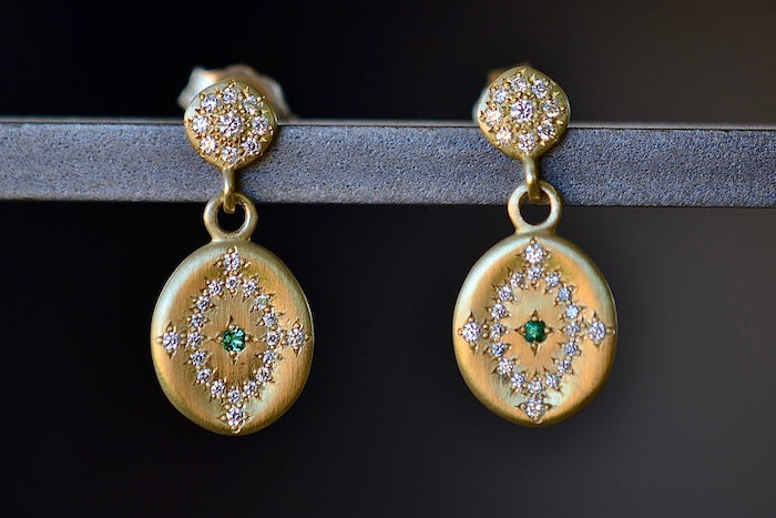 Adel Chefridi Day Dream Drop Stud Earrings with green emeralds in 18k yellow gold and white diamonds designed by Adel Chefridi.
