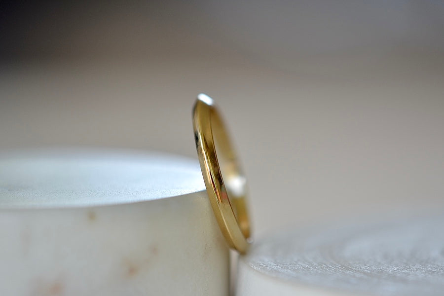 
            
                Load image into Gallery viewer,  Knife Edge Wedding Band by Lizzie Mandler 2.25 mm in 18k yellow gold is handmade in Los Angeles.
            
        