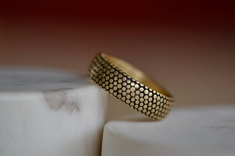 
            
                Load image into Gallery viewer, Marian Maurer Dot Dotted Wedding Band various widths 18k yellow gold dots on black background 6.25mm band and satin finish.
            
        