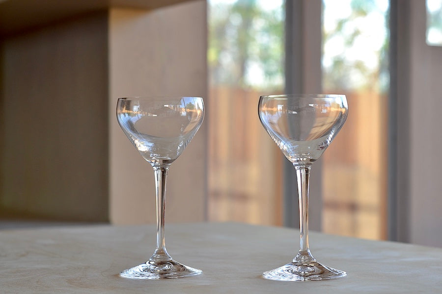 Our absolutely favorite crystal cocktail glasses for anything served "Up" Old Fashioned, Manhattan, Daiquiri, Sour, Peasant, Buck and Julep. Plain gorgeous. Set of 2 Nick and Nora Martini cocktail glasses made from crystal and part of the drink specific collection by Riedel made in Germany and available at OK.