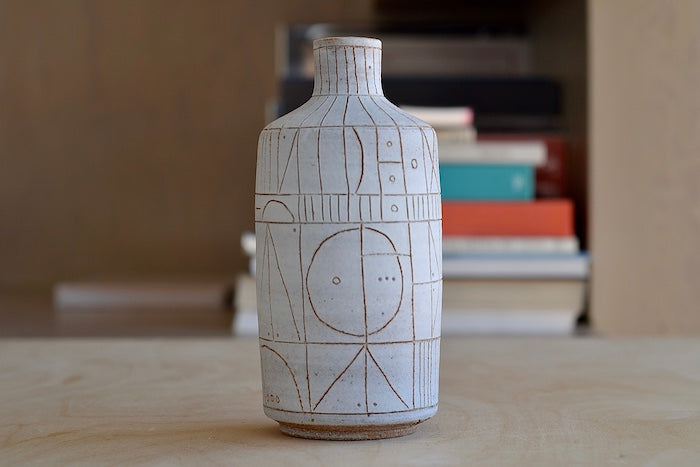 Hand thrown white clay vase 5950 with brown clay sgraffito "Scribe series" by Heather Rosenman.